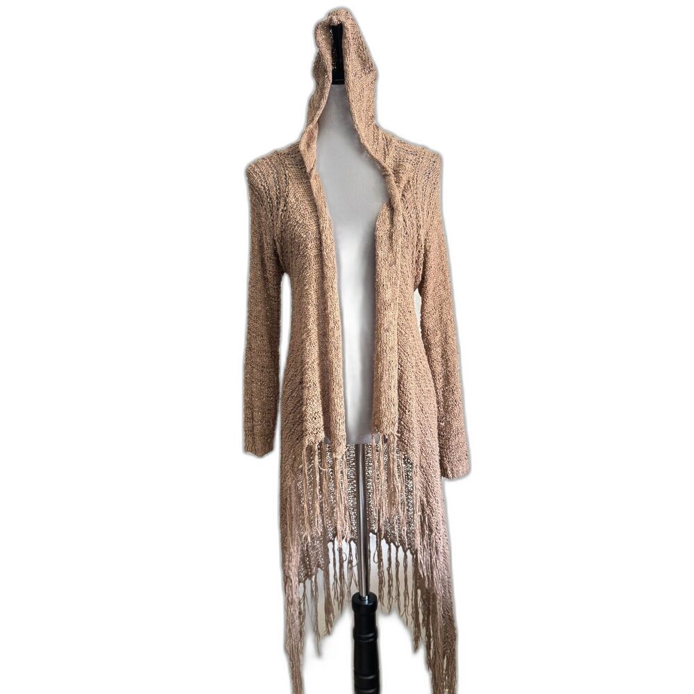 FULL TILT Hooded Fringe Duster Cardigan Taupe Open Knit Boho 55% Cotton